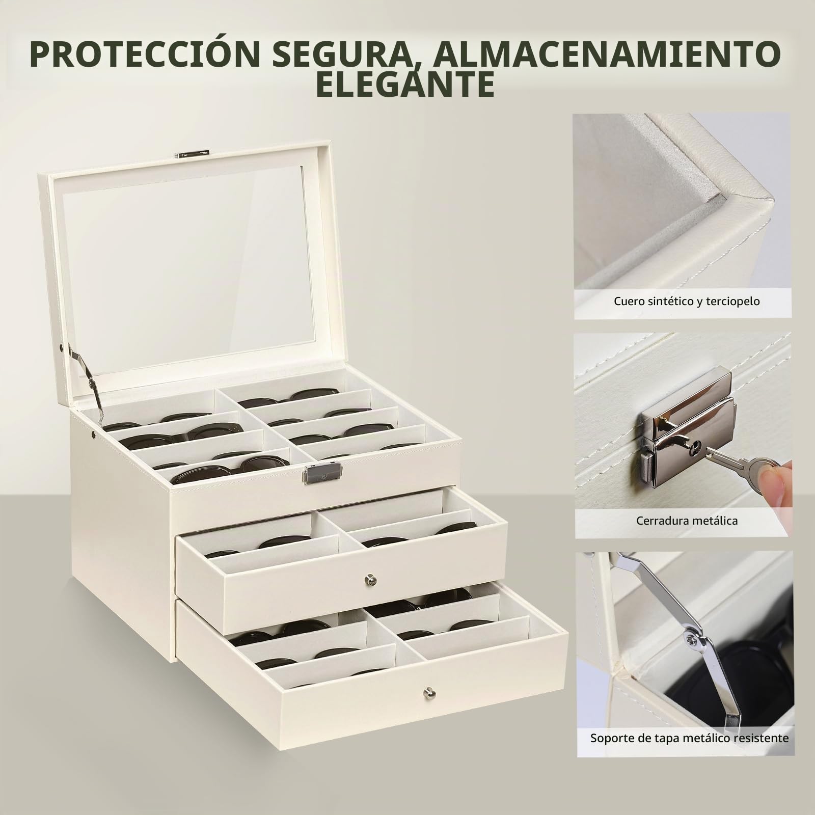 AUTOARK Tapa transparente de cuero,24 piezas,Almacenamiento para gafas y gafas de sol,Organizador con cerradura,Beige,MKAW047