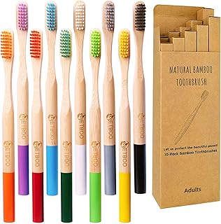 ECOETBOO Bamboo Toothbrushes Medium Hard Bristles for Adults 10 Pack, Wooden Toothbrush Family Set Natural Organic Tooth Brush Multi-Color