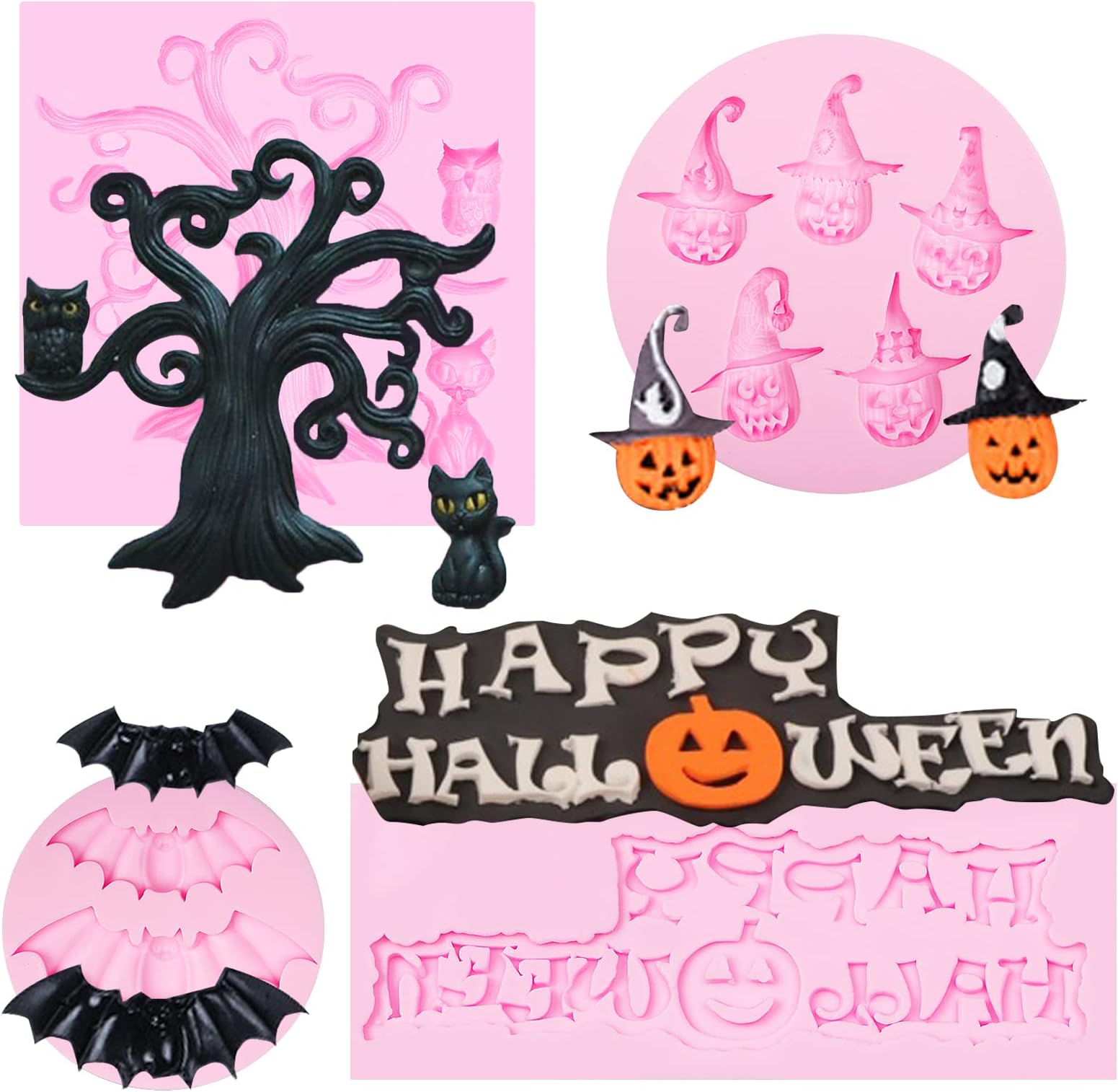 Halloween Chocolate Tree and Cat Silicone Molds for Fondant Mold Candy Cupcake Topper, DIY Soap, Cake pop, Popsicle, Polymer Clay Crafts