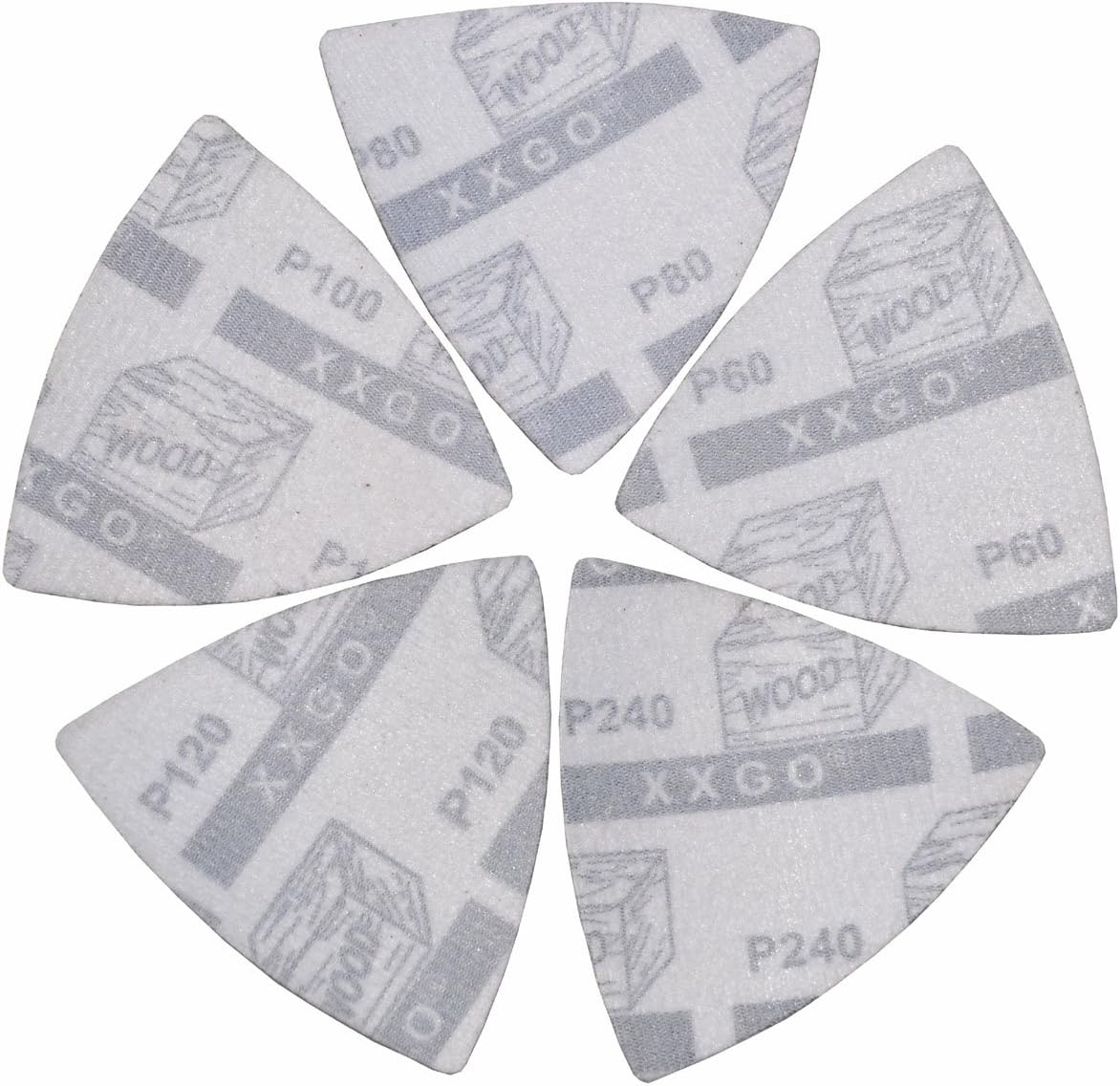 XXGO Triangular Oscillating Multi Tool Sanding Pads 3-1/8 Inch 80mm Assorted Grit 60/80/100/120/240 Grits Pack of 55 Pcs No.XG5501 - 