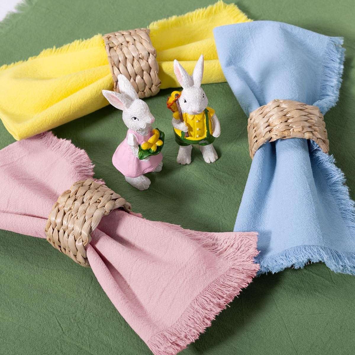DeZerlor 12 Pack Easter Color Cotton Linen Napkins with Fringe Easter Summer Cloth Napkins Set of 12 Boho Handmade Dinner Napkins Bulk for Wedding Bridal Baby Boy Shower Parties, 17 x 17