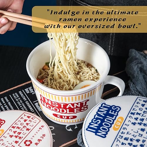 Miniatura 4 de Tazón de cerámica para sopa grande con asas, tapa y taza de fideos instantáneos profundos, apto para microondas (rojo)