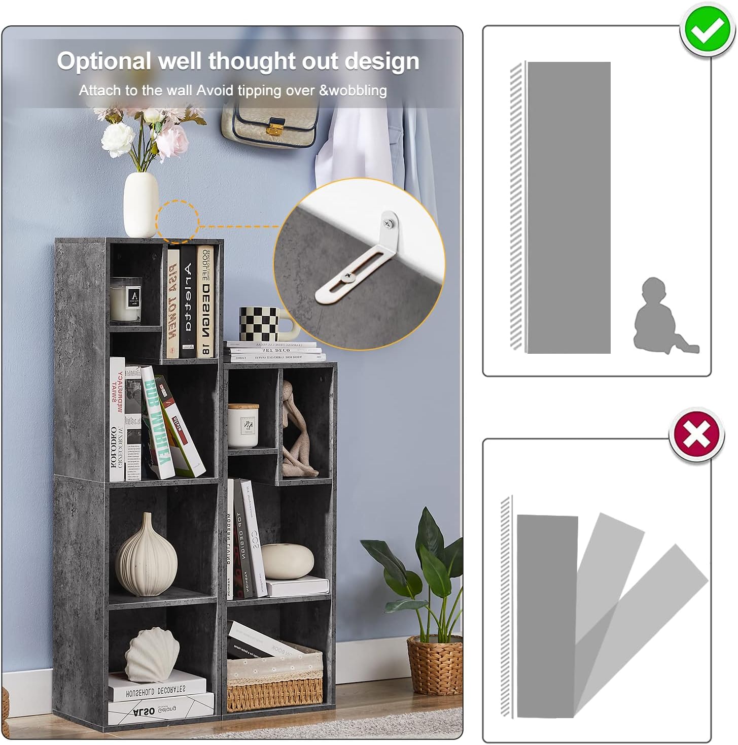 VECELO 3-Tier Small Bookcase, 4 Cube Bookshelf with Height Difference Shelves for Most Books, Modern Floor Standing Unit, Each Shelf Hold Up to 66 LBS for Living Room Bedroom, Grey