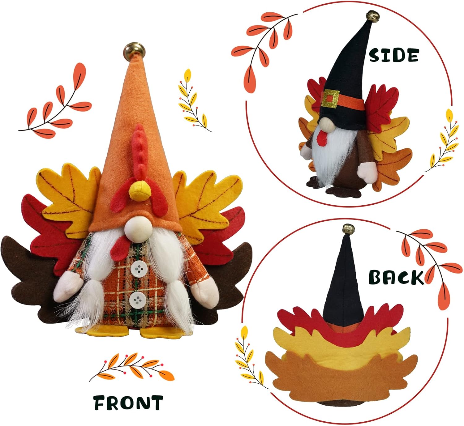 CRCZK Turkey Fall Gnome, Thanksgiving Gnome Decorations, 2Pack Handmade Swedish Tomte Gnomes with Maple Leaves Wings Harvest Gnome Plush Scandinavian Figurine Nordic Gnomes Holiday Decor Gifts - Image 5