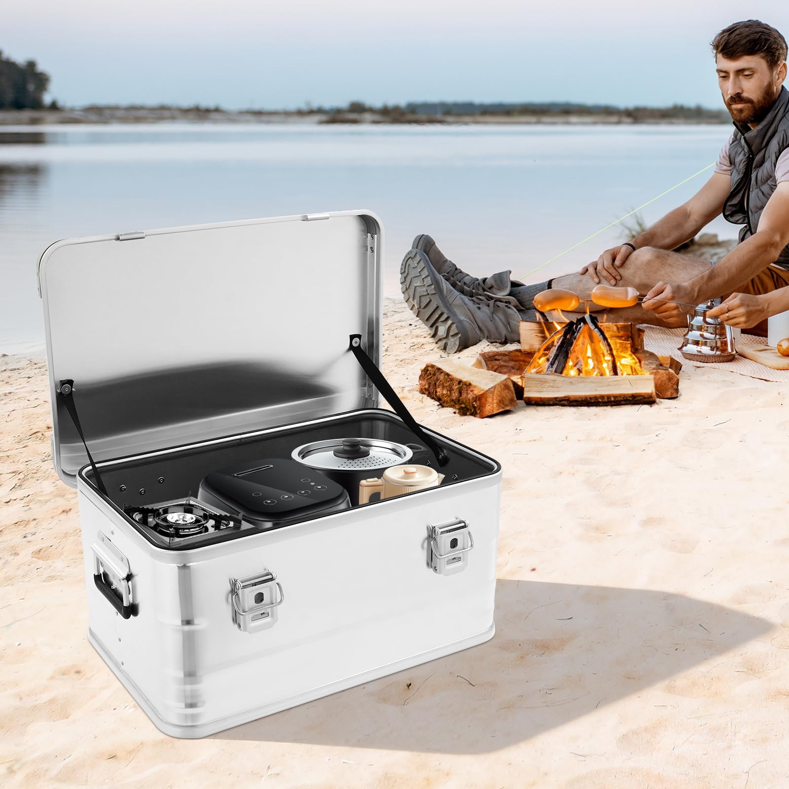 Caja de aluminio de 50 litros con tapa, caja de aluminio, resistente a salpicaduras, resistente al polvo, apilable, con acolchado de espuma para herramientas y equipos (plata)