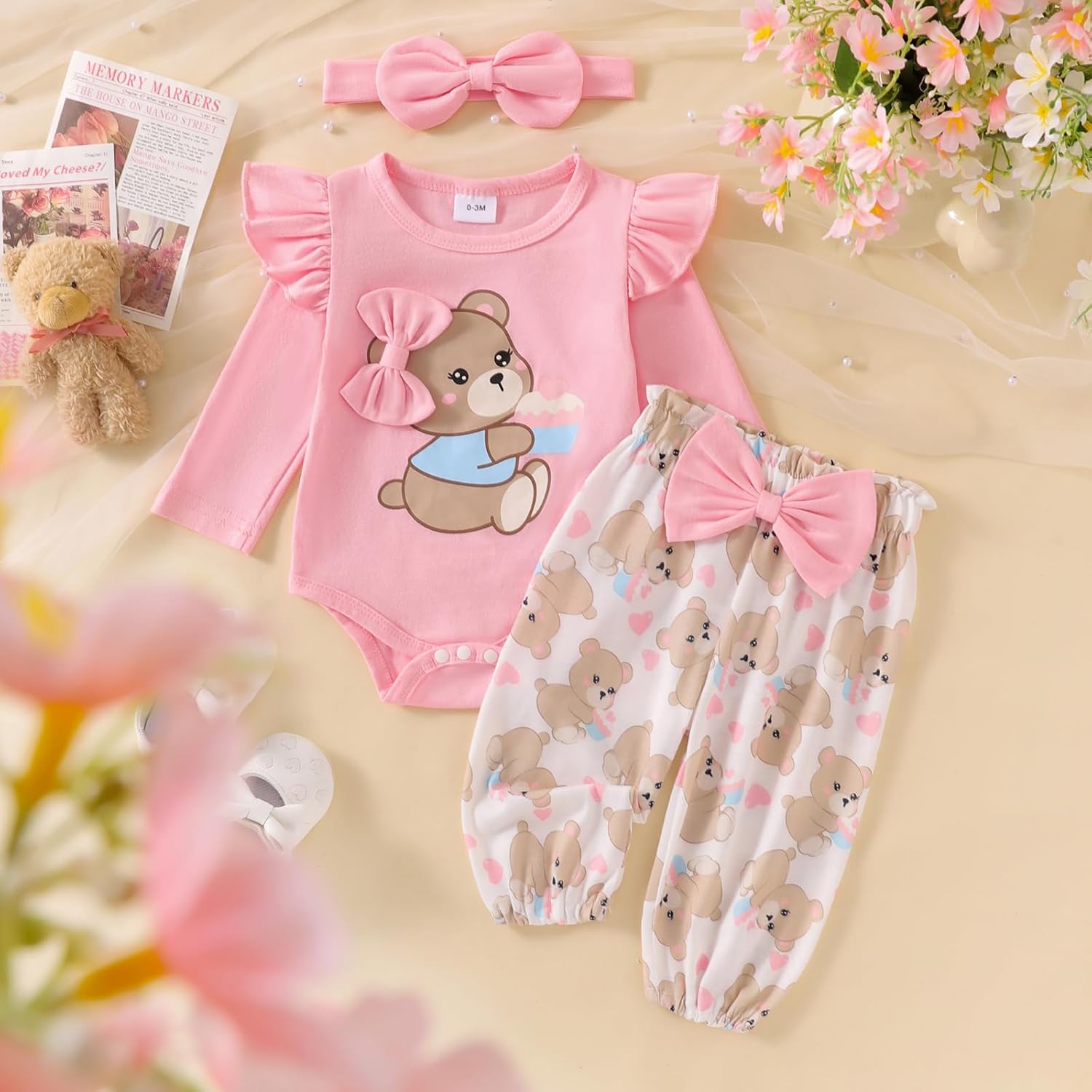 Baby Girl Clothes Newborn Girl Long Sleeves Romper Pants Headband Set Infant Outfits 3Pcs Spring Clothing - Image 2