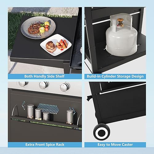 Miniatura 9 de GREEN PARTY Plancha de gas propano de 3 quemadores con carrito de pie extraíble, diseño convertible a mesa, parrilla superior plana de 27 pulgadas