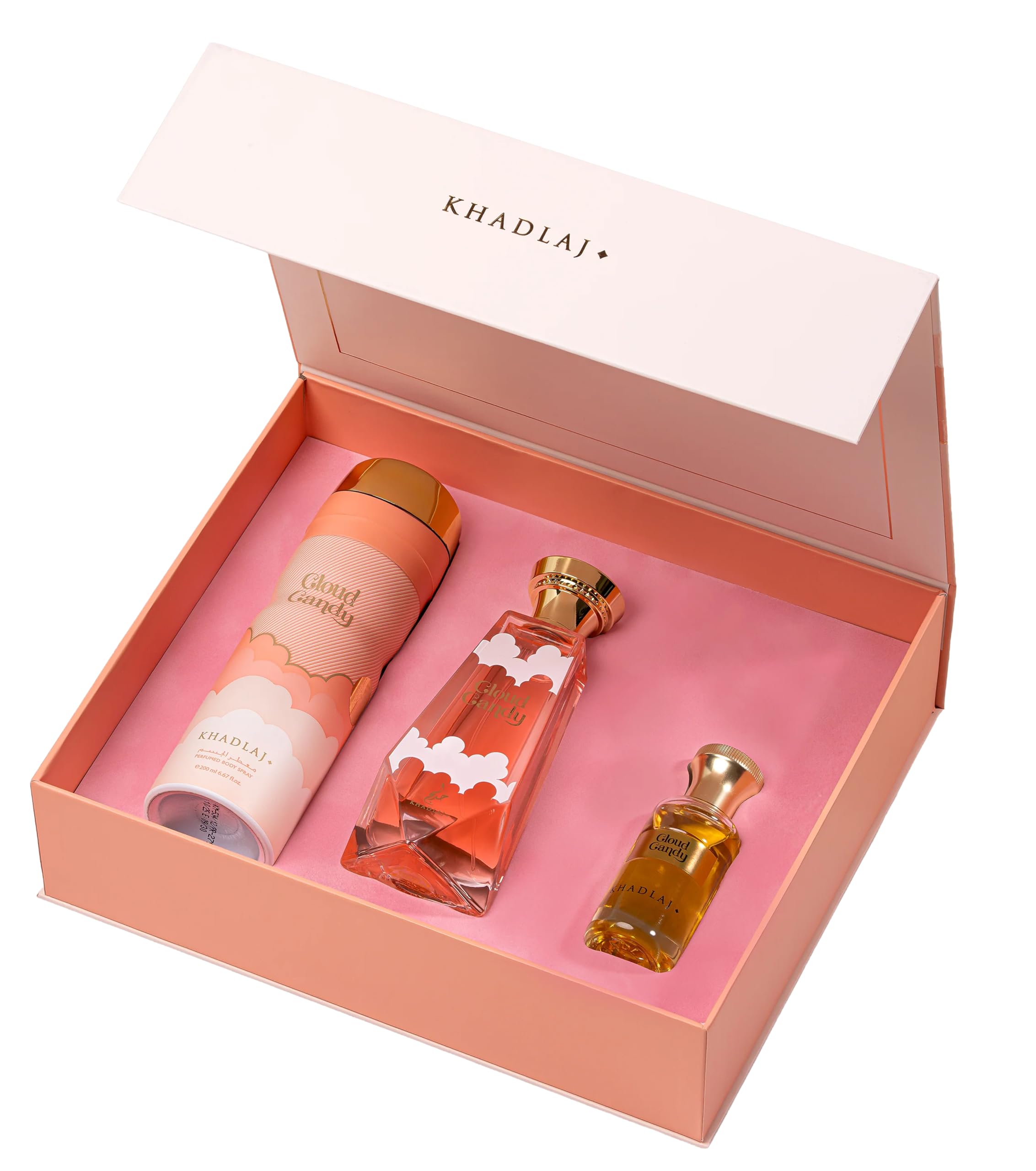 Khadlaj Cloud Candy Gift Set für Damen, Parfümextrakt, Perfumed Body Spray, konzentriertes Perfume Öl, 3-teiliges Geschenkset