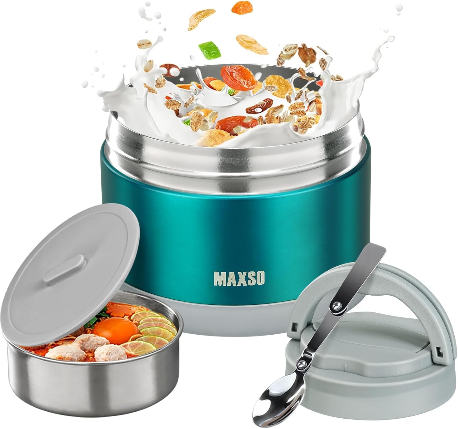 MAXSO Food Jar for Hot Food - 24 OZ Soup Thermo for Adults Vacuum Insulated Lunch Containers with Foldable Spoon & Thermal Bag, Wide Mouth Leakproof Bento Box - Burgundy