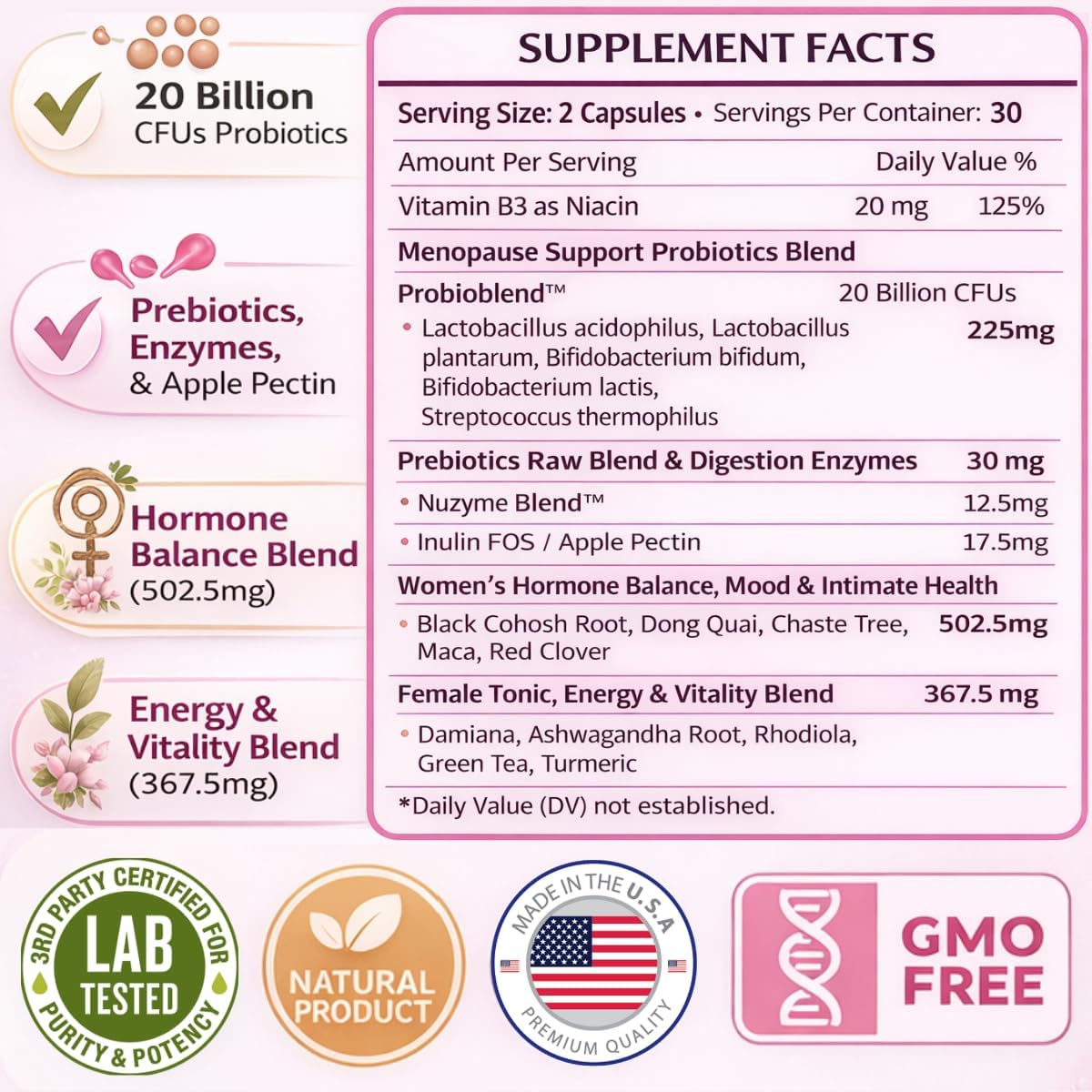 Lovely Menopause Supplement + Hormone Balance + Weight Management, Hot Flashes, Mood Swings, Vaginal Health & Dryness | Black Cohosh, Dong Quai, Ashwagandha + Probiotics, Woman Supplement, 60 ct