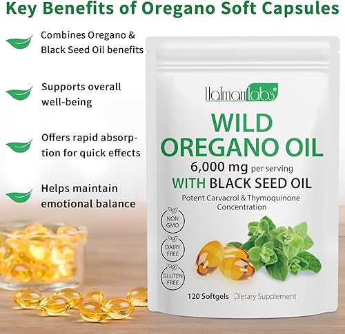Miniatura 5 de Cápsulas de aceite de orégano, aceite de orégano 2 en 1 de 6000 mg con aceite de semilla negra, aceite de orégano silvestre apoyo inmunológico y