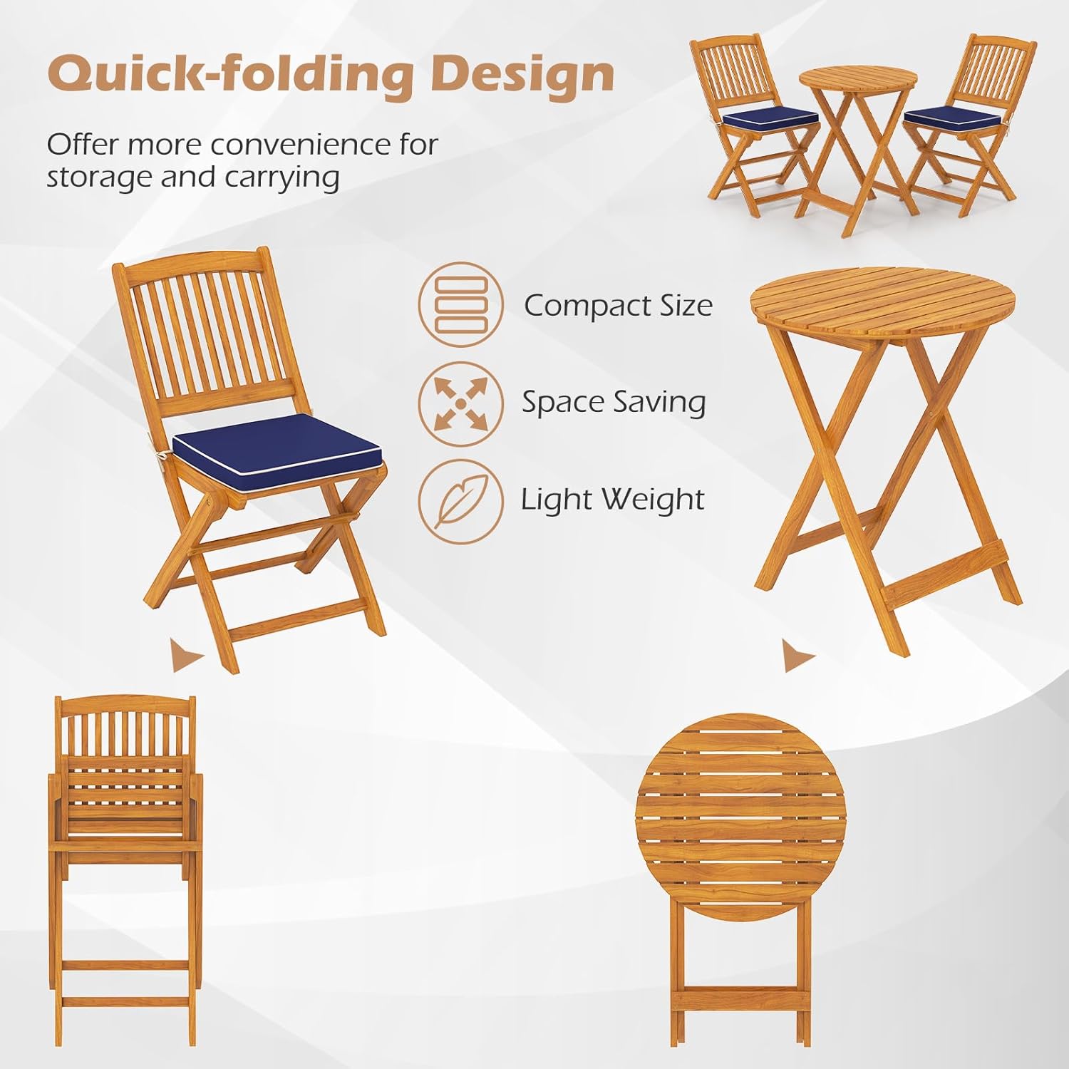 HAPPYGRILL 3-Piece Patio Bistro Set Table & Chair with Cushions Foldable Wooden Furniture Chairs and Coffee Table for Outdoor Balcony Garden Backyard
