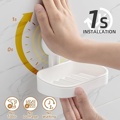 Miniatura 4 de LEVERLOC Jabonera para ducha, ventosa de doble capa, montaje en pared, sin taladros, autodrenante, extraíble, fuerte, esponja, soporte para jabón,