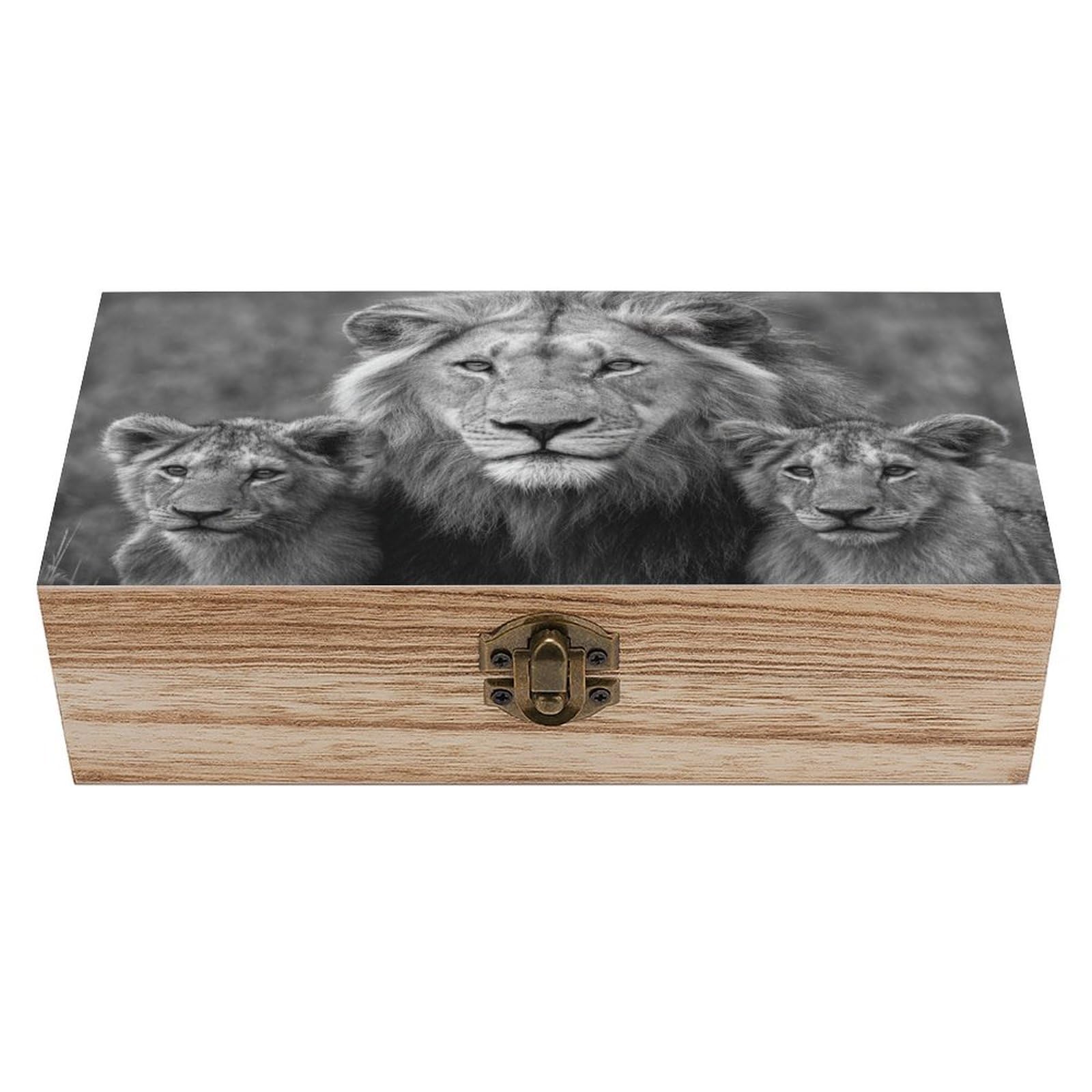 asbwuo Black And White Lions Wooden Storage Box with Hinged Lid