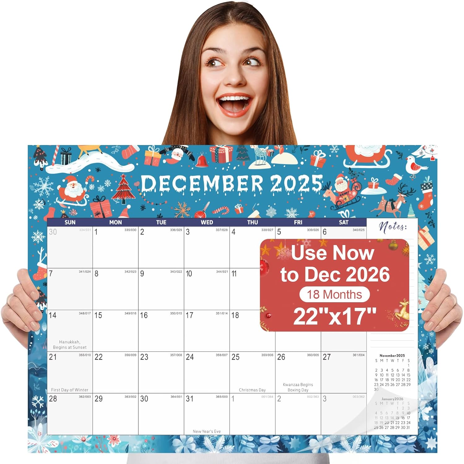 Desk Calendar 2026, Large 2026 Desk Calendar 22" x 17", 18 Months Desk/Wall Calendar 2026, Use Now to Dec 2026, Thick Paper with Plastic Cover, 2026 Calendar for Home, School, Office - Christmas(2 Binder Clips Included) Blue