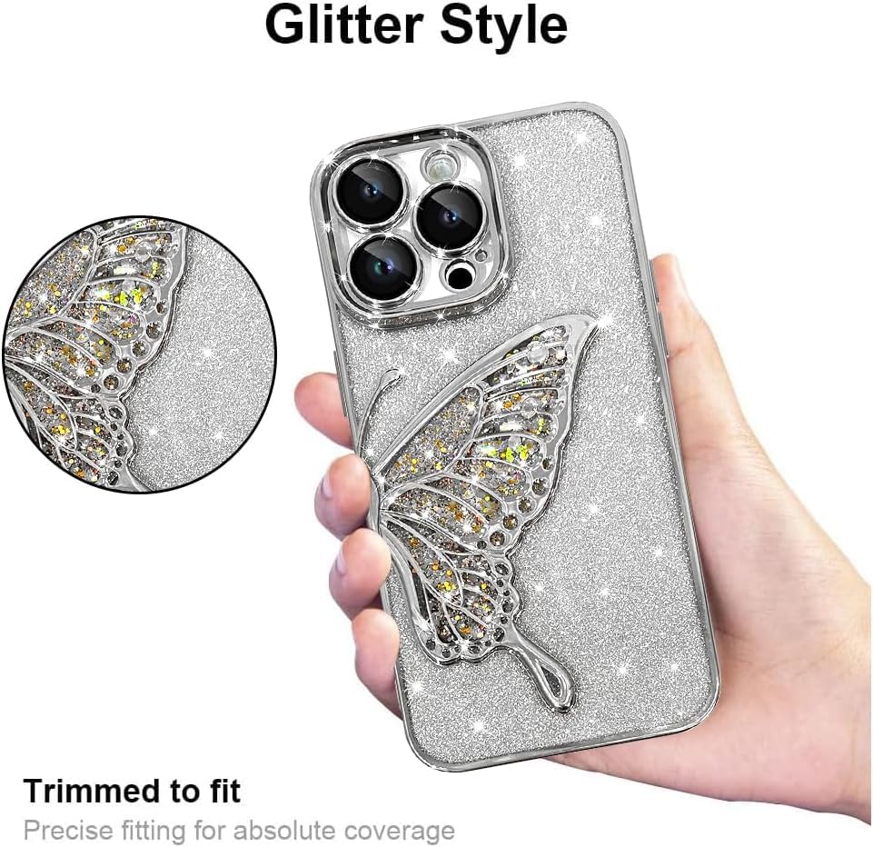 Image of SHINESTAR 3D Butterfly Case for iPhone 15 Pro Max Cover, Cute Girly Glitter Bling Luxury Back Cover for Women Girls Protective Shockproof Slim Camera Protection for iPhone 15 Pro Max - Silver