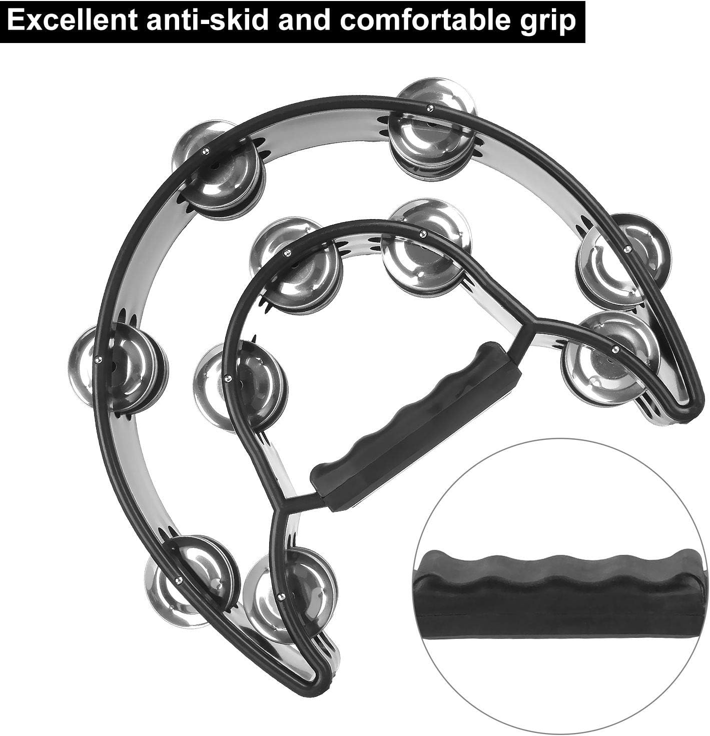 4 Pack 10" Half Moon Musical Tambourine Black Metal Jingles Hand Held Percussion Drum - Double Row, Plastic Musical Percussion Tambourines for Party Bar KTV Bands Musicians