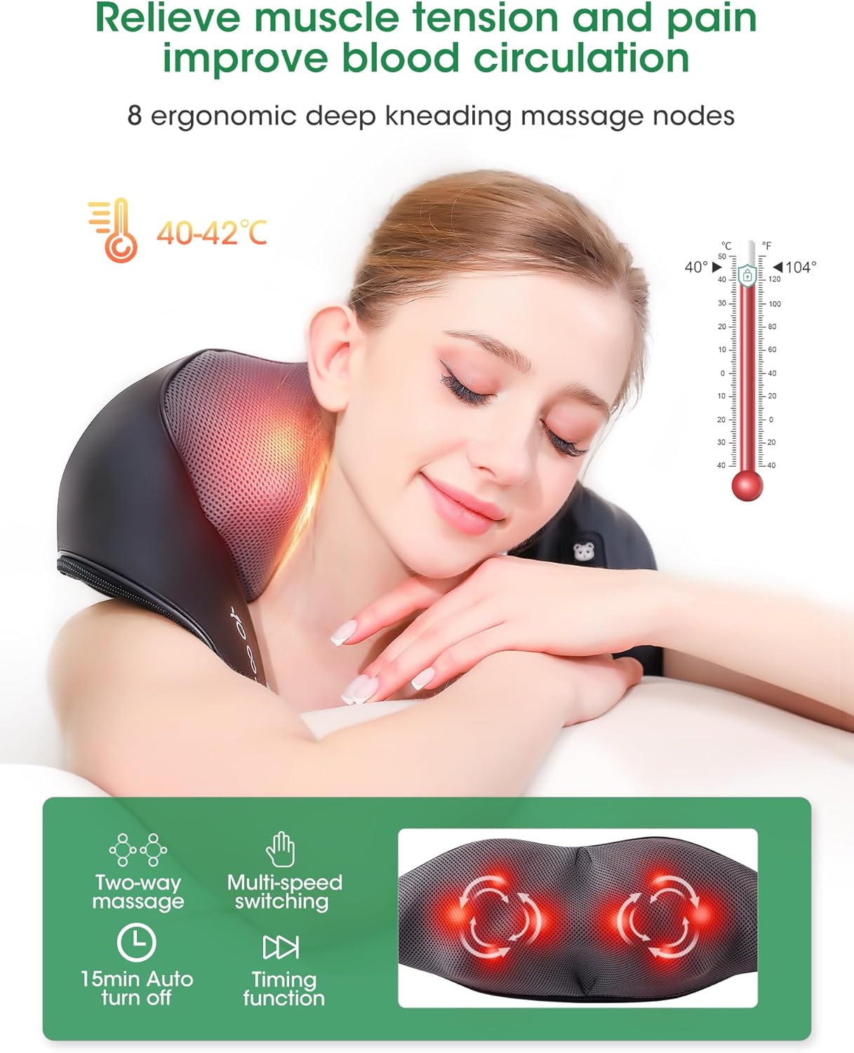 Cordless Shiatsu Neck and Back Massager with Heat for Pain Relief Deep Tissue, Rechargeable Electric 4D Kneading Massage Pillow for Shoulder/Leg/Body Muscles, Best Gifts for Men/Women/Mom/Dad