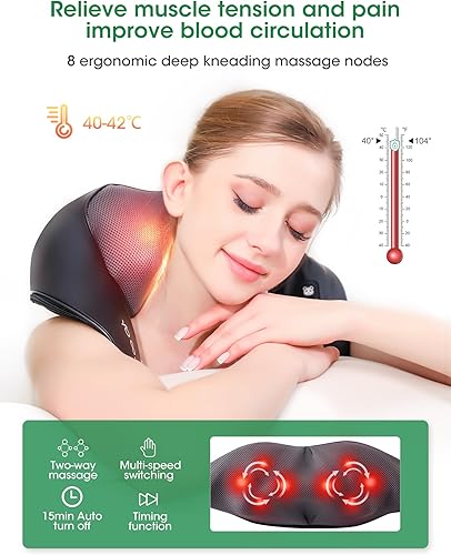 Miniatura 3 de Masajeador Shiatsu inalámbrico de cuello y espalda con calor para aliviar el dolor de tejido profundo, almohada eléctrica recargable 4D de masaje