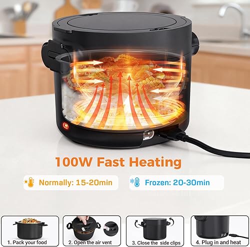 Miniatura 3 de Lonchera eléctrica, calentador de alimentos portátil de 33 onzas, calentamiento rápido de 100 W y acero inoxidable 304 a prueba de fugas, 3 en 1