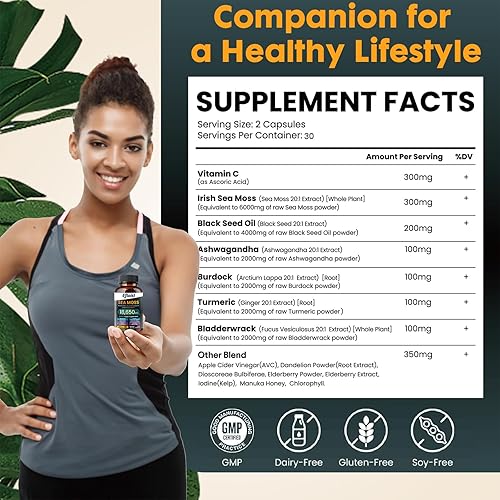 Miniatura 6 de Aceite de semilla negra de musgo marino Ashwagandha jengibre y raíz de bardana, cúrcuma, vejiga de clorofila ACV, suplemento de 120 unidades