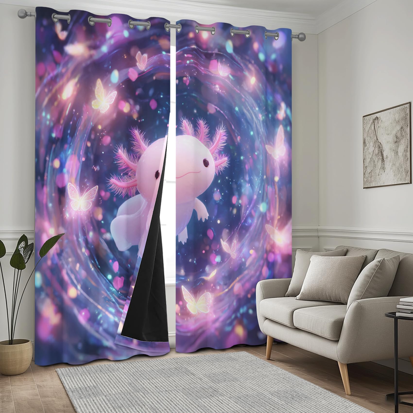 Süßer Axolotl Vorhänge Blickdicht, Schmetterling Fantasie Vorhang mit ösen für Wohnzimmer Schlafzimmer, Thermovorhang Kälteschutz Gardinen, Cartoon Tier Verdunklungsvorhänge 2er set B 200 x H 160 bN4