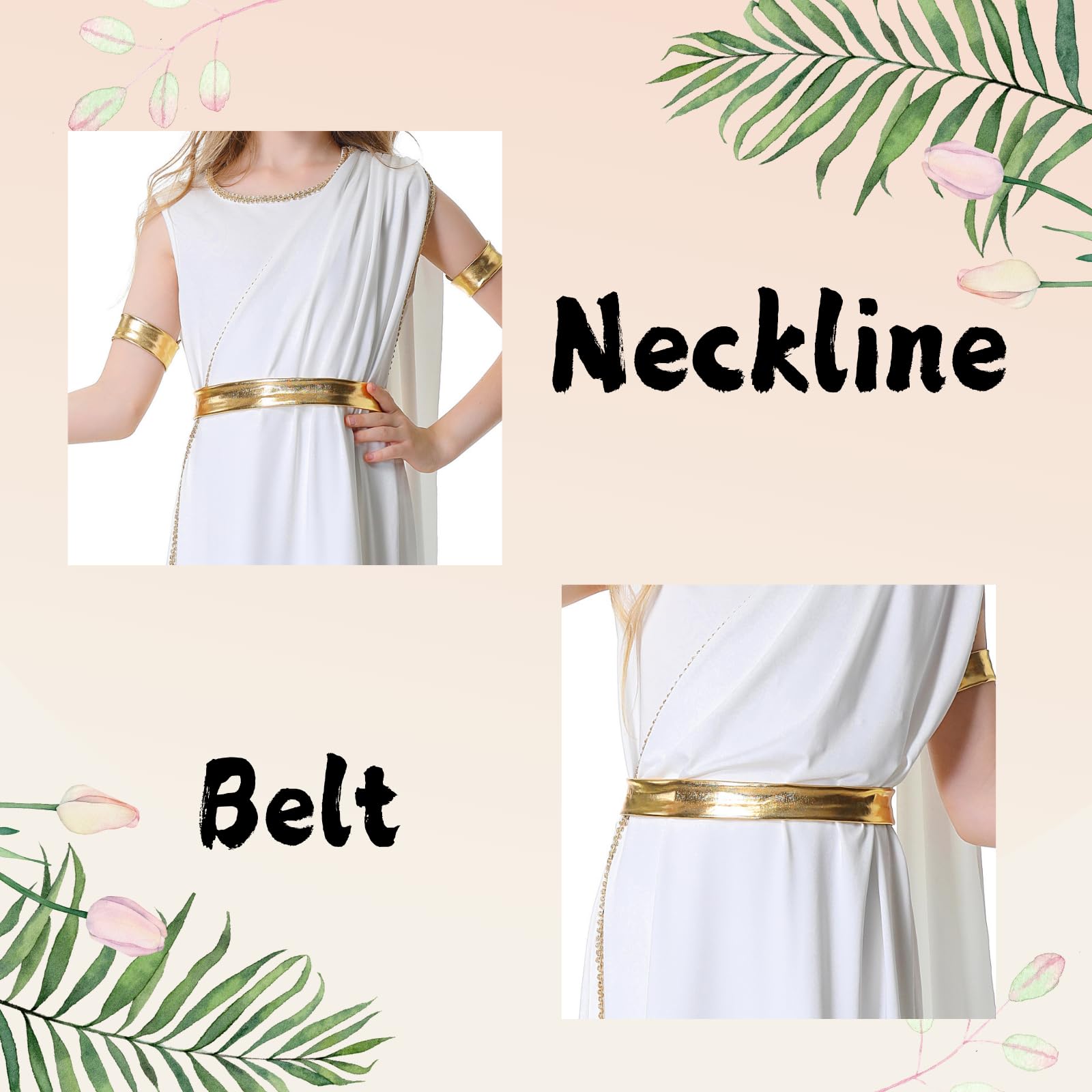 DELIVESS Kids Athena Goddess Costume Set Dress with Headpiece 2 Wrist Cuffs and Belt for Girls Halloween Parties Outfit 4 Pcs (Gold Belt - Image 3