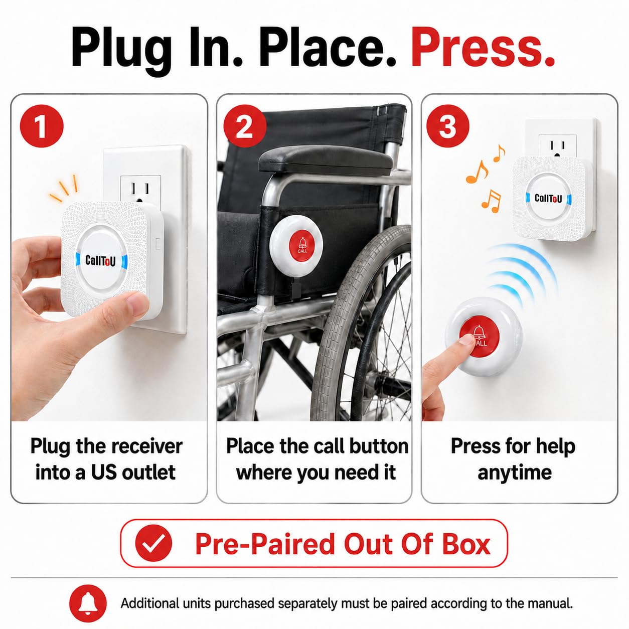 CallToU Caregiver Pager Wireless Chiamata Pulsante Infermiere Sistema di Allarme 500 Piedi per Casa/Anziani/Paziente/Disabili 2 Ricevitore Plugin 1 Trasmettitore Impermeabile
