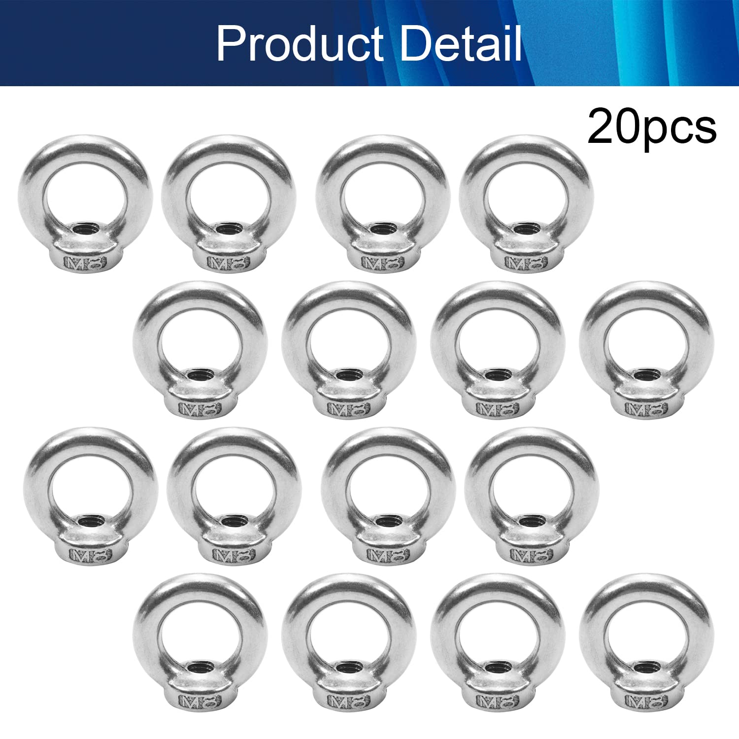 Lifting Eye Nut Fastener 304 Stainless Steel Ring Shaped Eye Nut for Lifting Equipment Rope Fitting Silver Tone 20PCS
