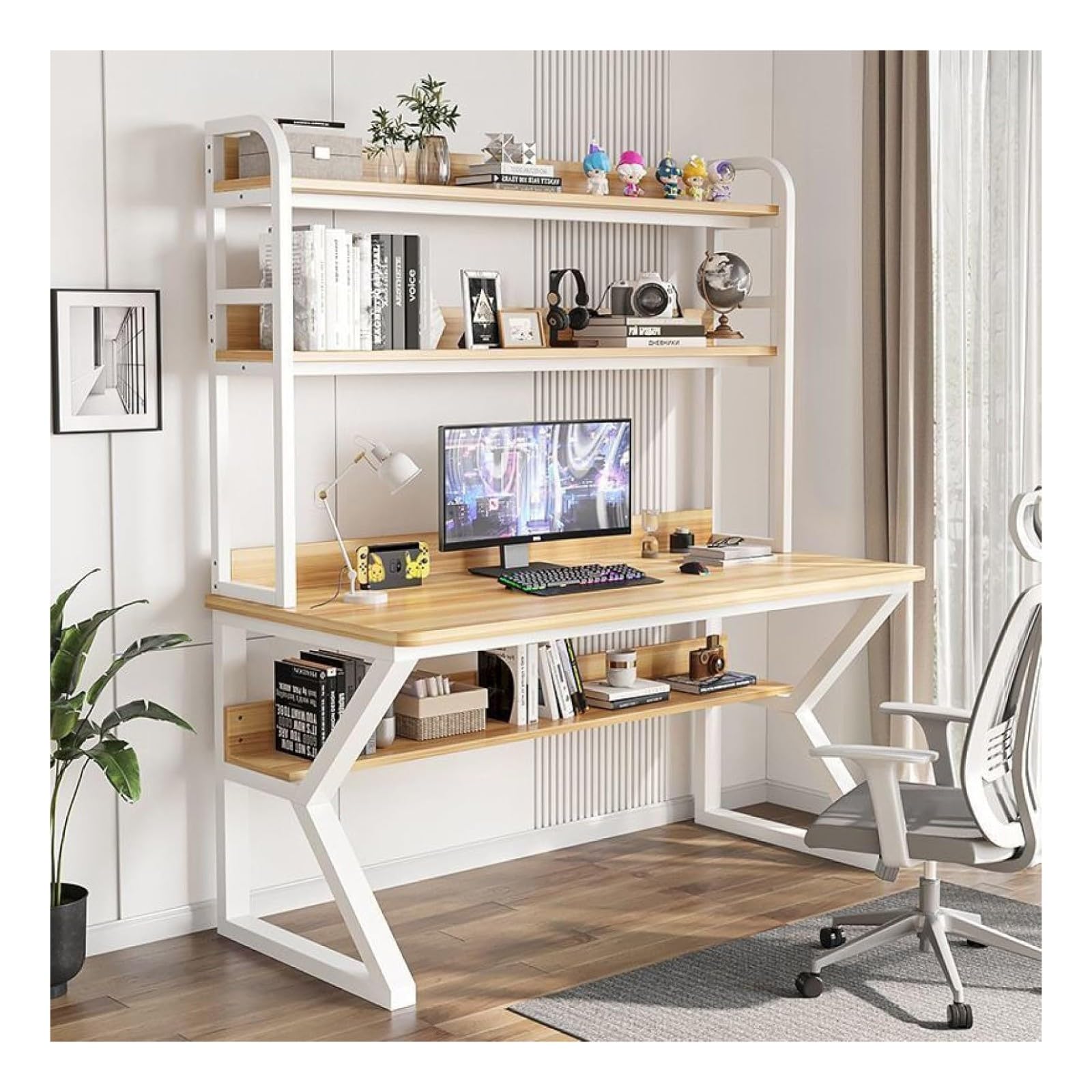 Wdsopk Walnut+White Computer Desk Home Office Desk Computer Desk With Hutch And Bookshelf, Pc Study Writing Desk,Bookshelf Workstation For Study Play Work Bedroom Home Office（-47Inch）