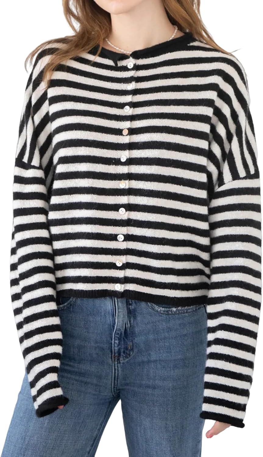 Womens Striped Cardigan Sweaters Casual Trendy Open Front Long Sleeve Button Down Lightweight Knit Fall Sweater - Image 2