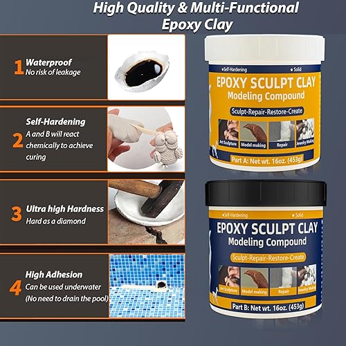 Miniatura 2 de Arcilla epoxi, arcilla de modelado epoxi de 2 libras, masilla de piscina de alto adhesivo para fugas subacuática autoendurecible AB compuesto de