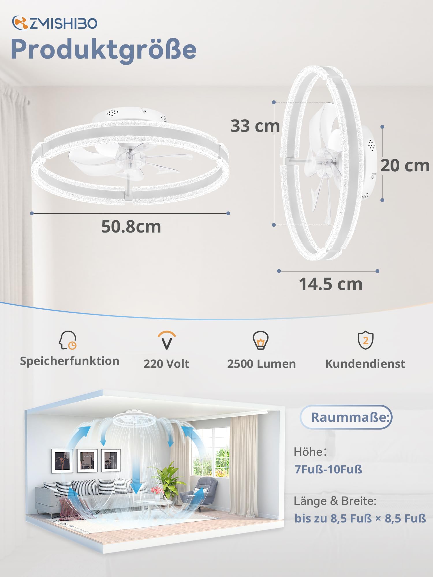 ZMISHIBO 51 cm Deckenventilator mit Beleuchtung,(weiß), Doppelring LED, APP & Fernbedienung, 6 Geschwindigkeiten, Vorwärts-/Rücklauf, 3000K-6000K dimmbar 10%-100%, Memory-Funktion, 2H Timer