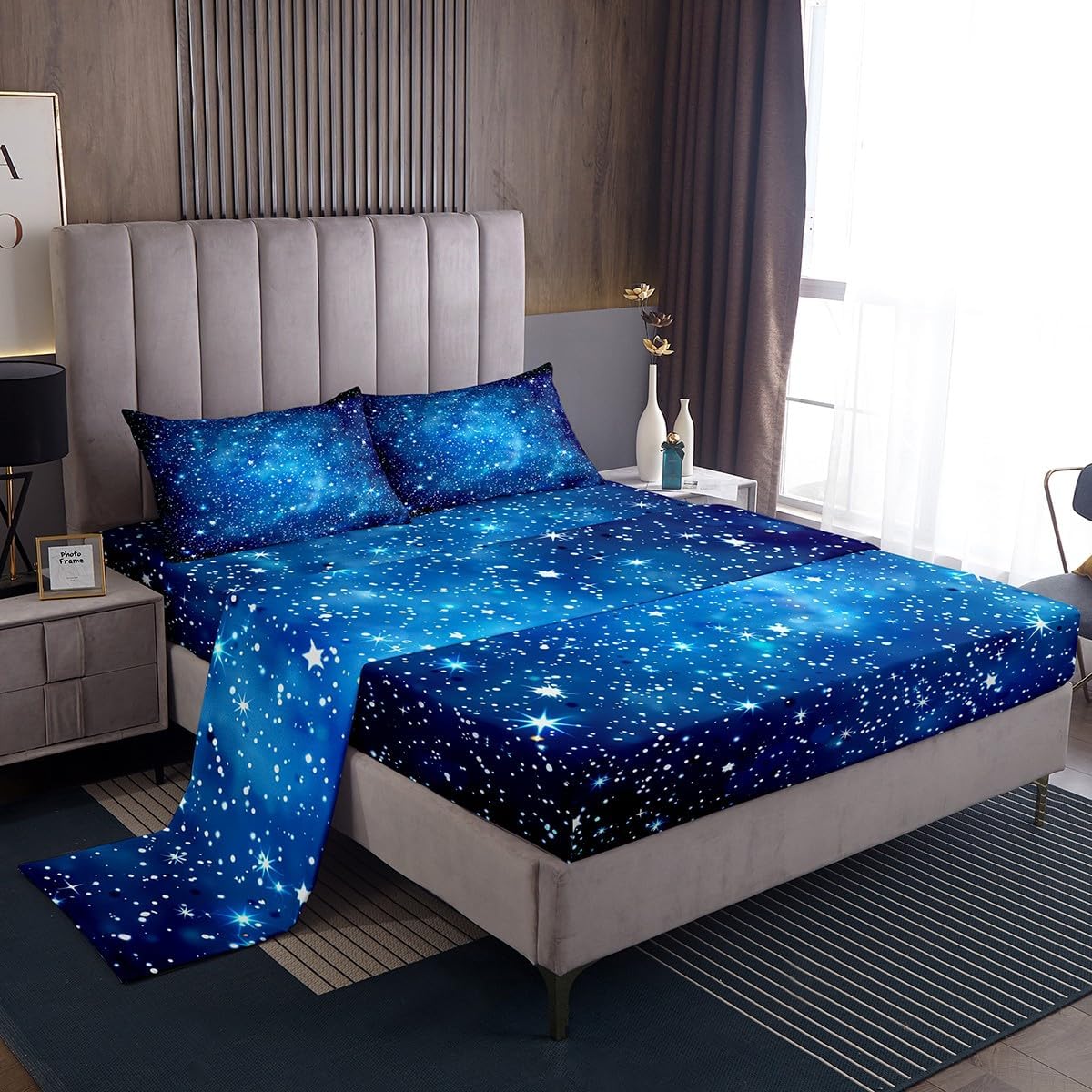 Galaxy Sheet Set Outer Space Sheets with Deep Pocket Fitted Sheet for 3D Printed Space Bed Sheets Set Space Outer Sky Blue Glitter Universe Galaxy Bedding Set Room Decor 4Pcs With 2 Pillow Queen Size