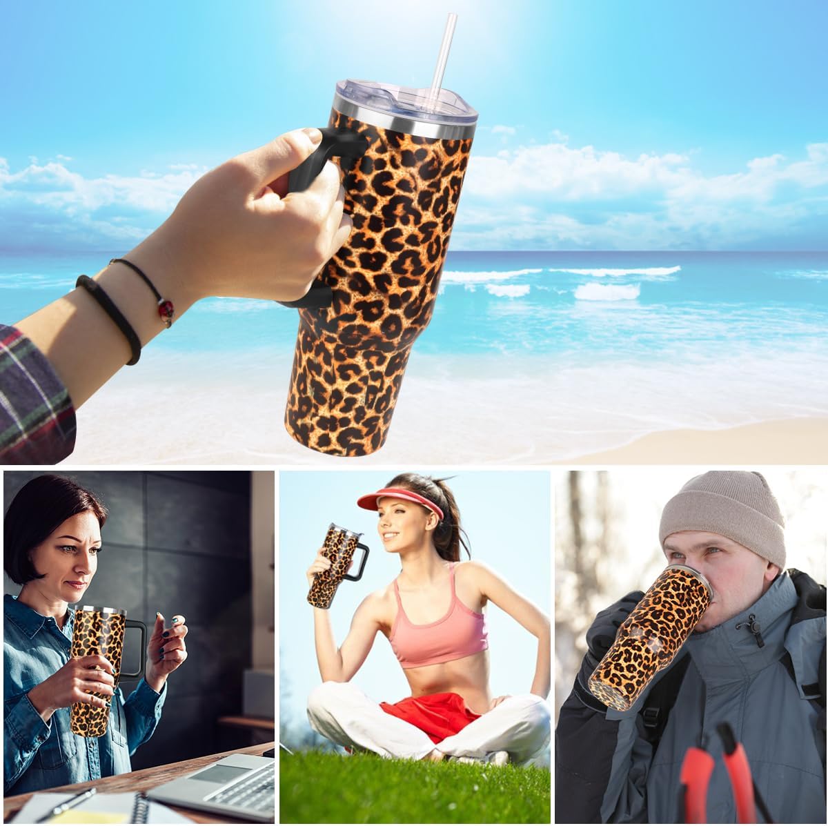 SYACOT 40 oz Tumbler with Handle and Straw Stainless Steel Insulated Tumbler Leak Proof Lid and Straw Lid Reusable Travel Mug Coffee Mug Cup Dishwasher Safe Keep Drinks Cold and Hot (Leopard) - Image 7