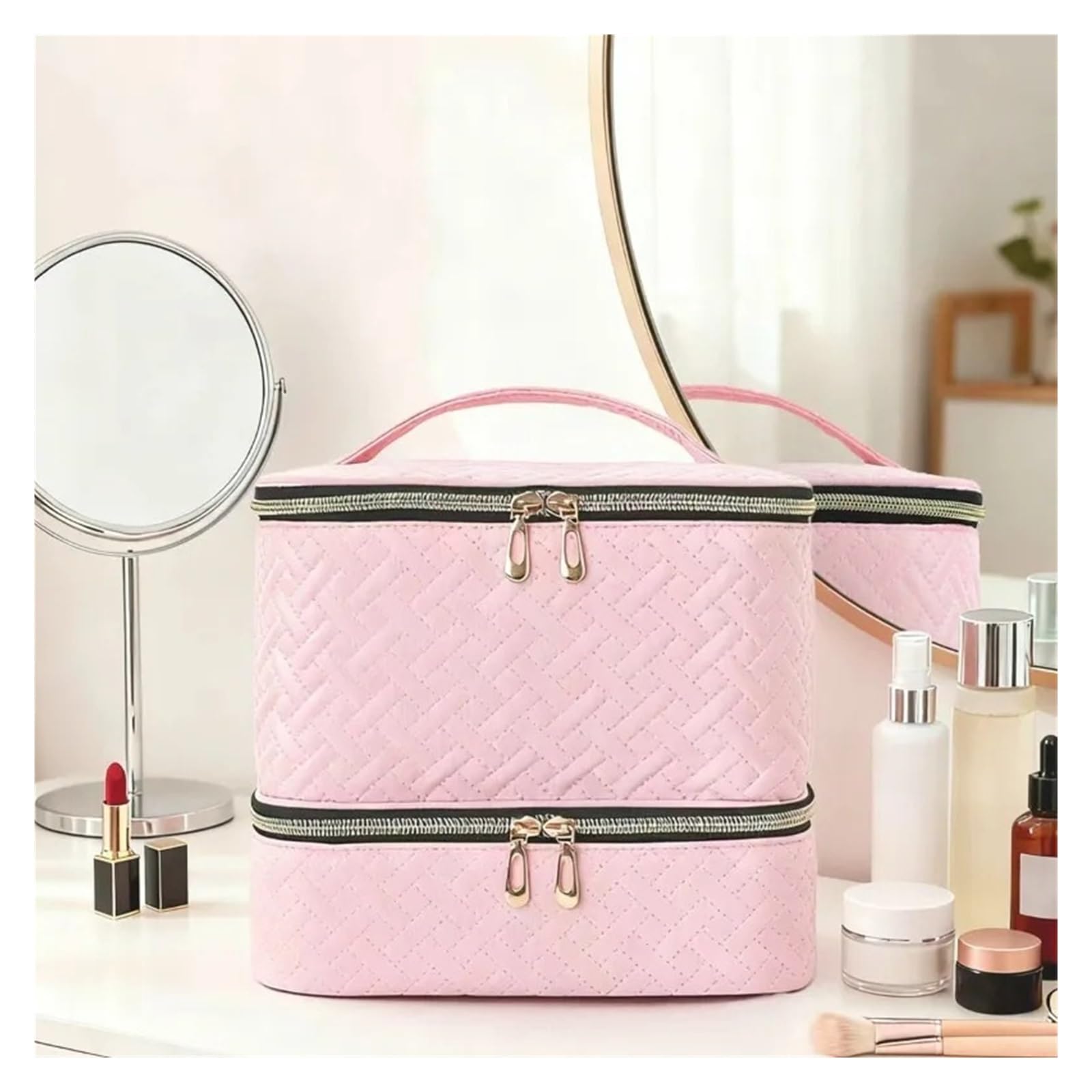 Bolsa Maquillaje Bolsa de Maquillaje portátil de Doble Capa y Gran Capacidad con Cremallera Doble elevada