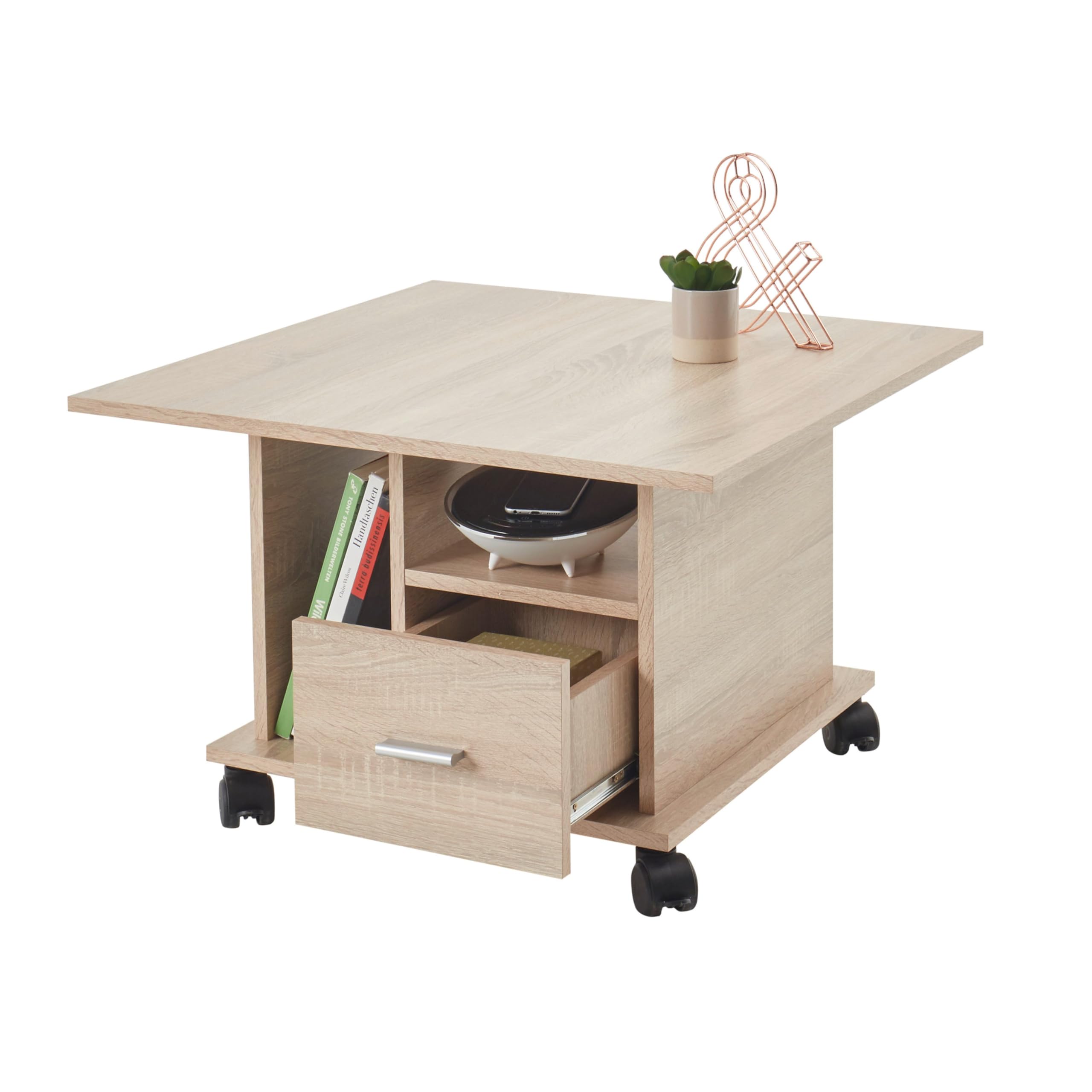 ACTIVO 1 Couchtisch auf Rollen in Eiche Sonoma Optik - Mobiler Sofatisch mit Schublade - 70 x 45 x 70 cm (B/H/T)