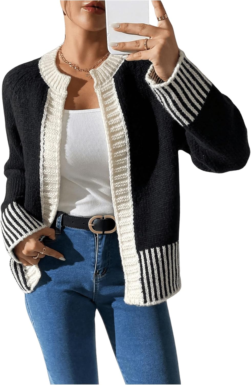 Women's Striped Cardigans Crew Neck Long Sleeve Sweaters Elegant Fall Clothes