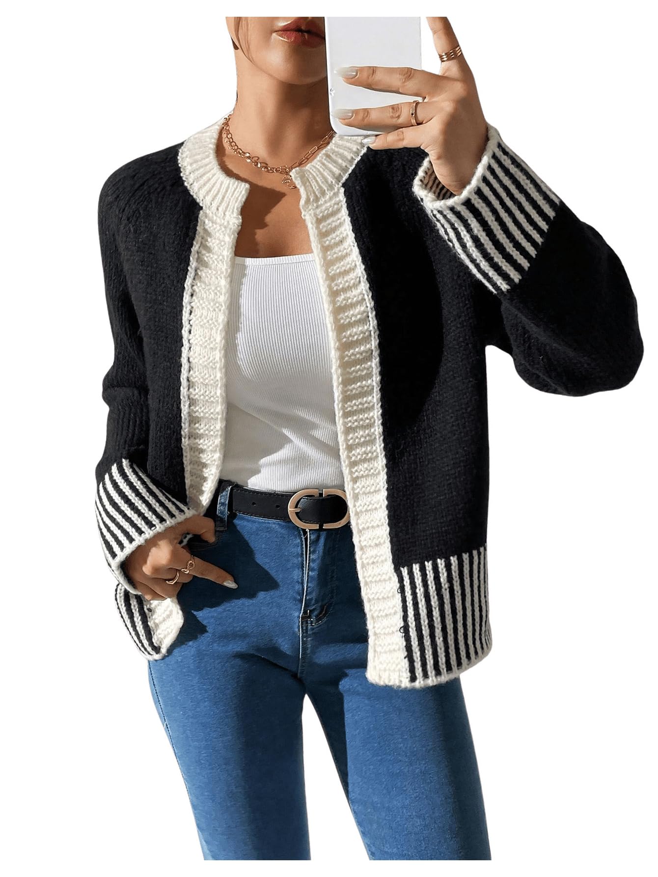 Womens Striped Cardigans Crew Neck Long Sleeve Sweaters Elegant Fall Clothes