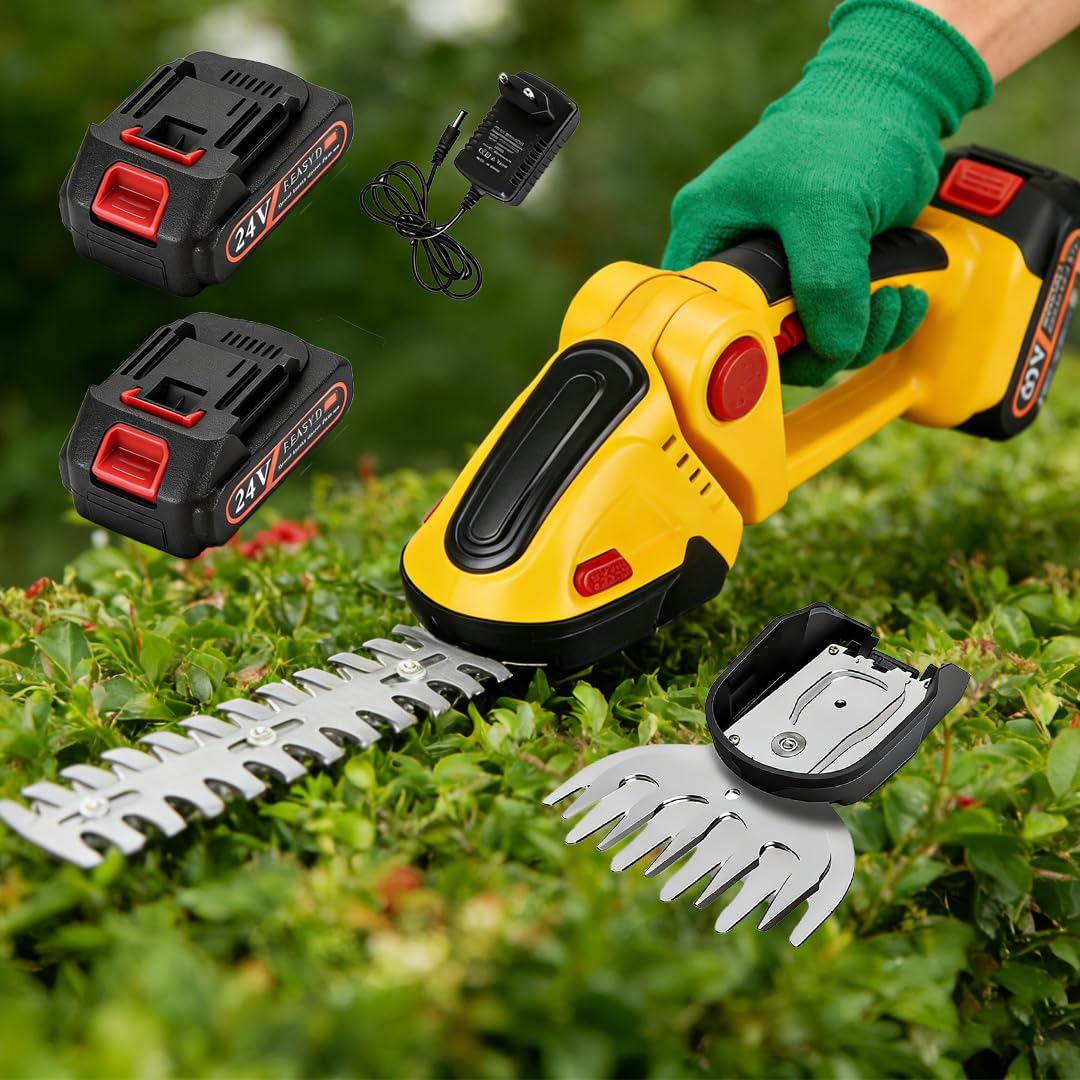 Tijeras de césped y arbustos con batería, 24V Cortasetos eléctrico, Cortasetos para jardinería con Tijeras de 30 cm, Cuchillo de Hierba de 10 cm, Dos baterías de 1500 mAh y Cargador