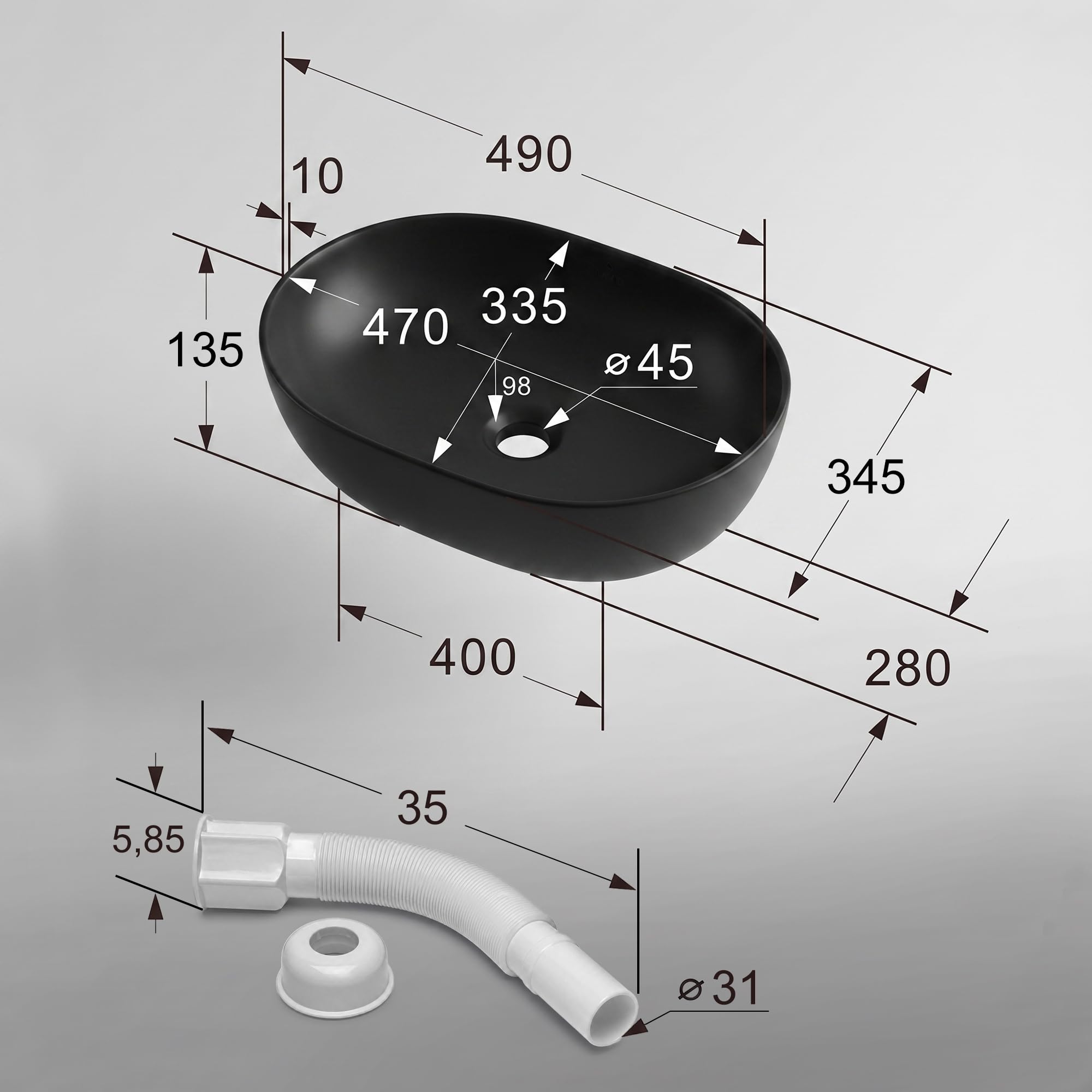 AKORD Lavabo da Appoggio Ovale in Ceramica ELIPSE - Lavandino Bagno Moderno 49 x 34,5 x 13,5 cm, Nero Opaco