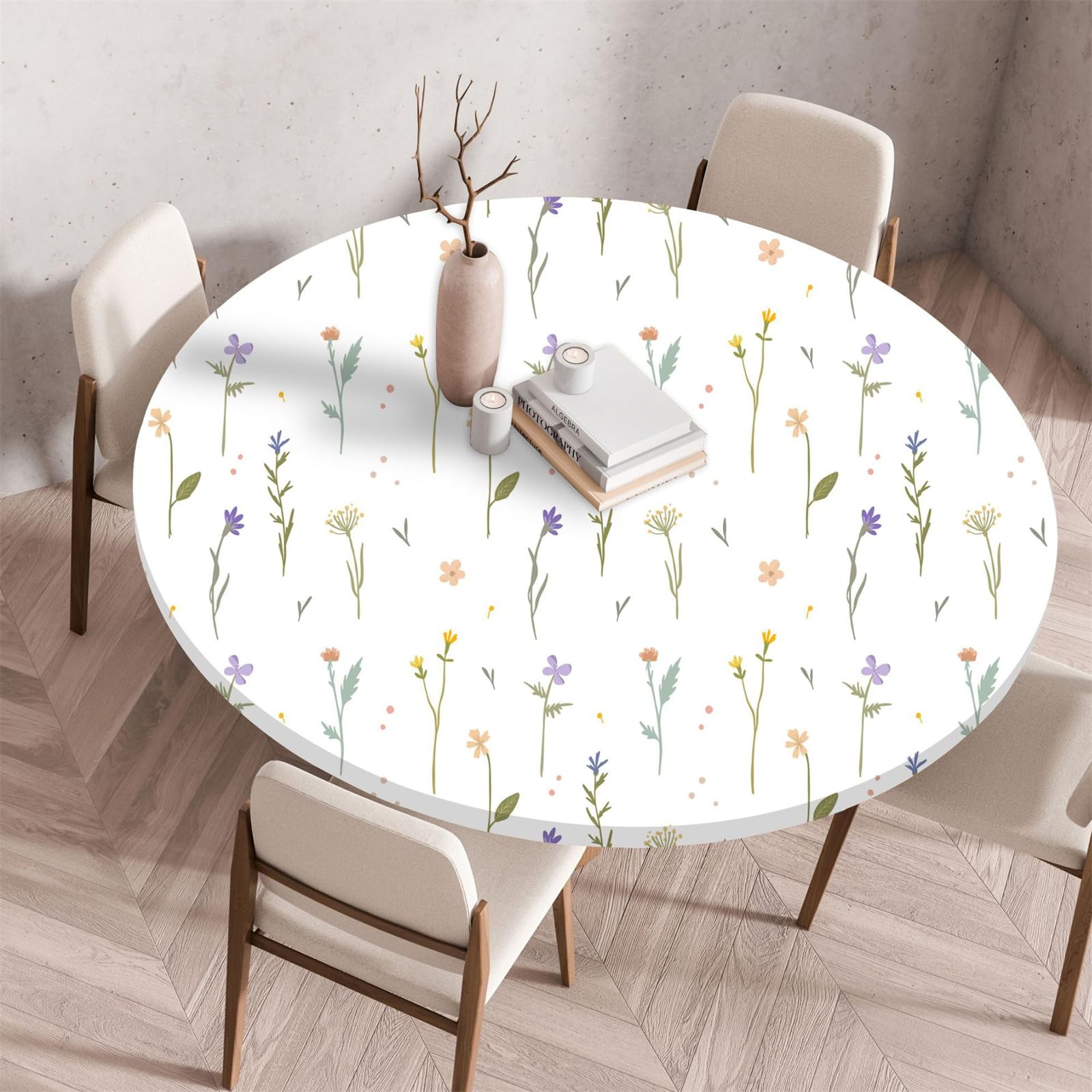 Muiuou Round Tablecloth, Flower Printing Waterproof Wipeable Table Cover Elastic Edge, Reusable Round Table Cover Cloth, Fitted Kitchen Restaurant Home Decoration