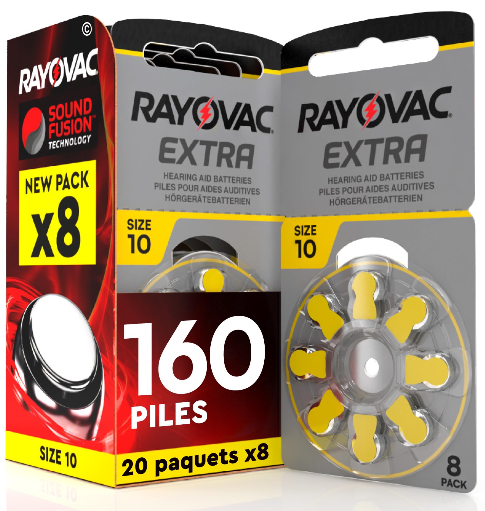 160 Piles Auditives Rayovac Extra Taille 10 Jaune PR70 Udivita - 20 Blister de 8 Piles