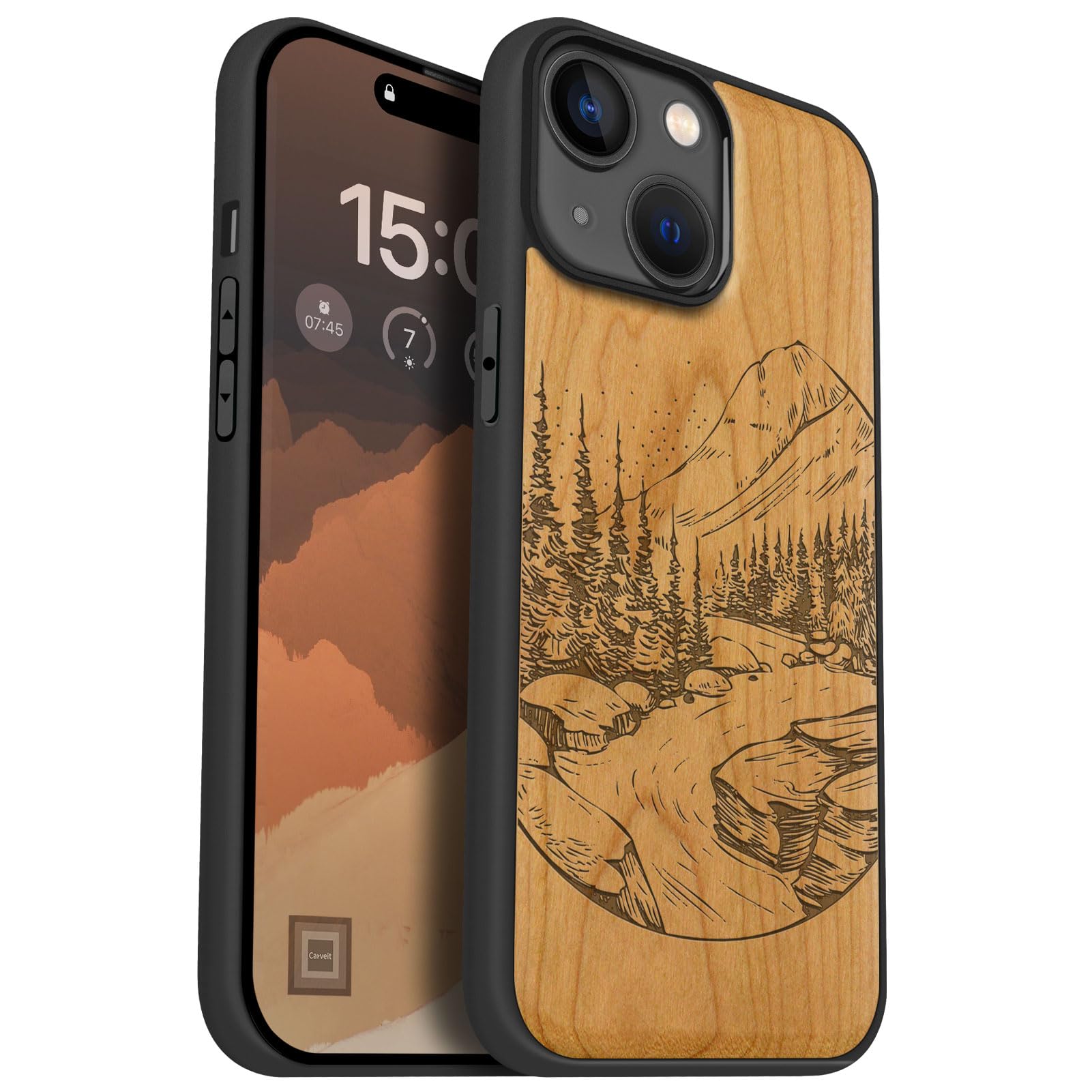 Carveit Magnetic Wooden Case for iPhone 15 Case, Compatible with MagSafe Wireless Chargers, Black Soft TPU Shockproof Cover & Wood Artisan Engraved (