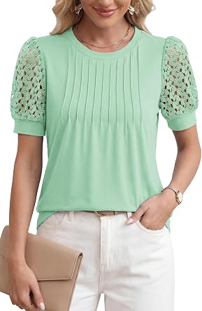 LUXVEER Womens Dressy Casual Blouses Puff Short Sleeve Lace Pleated Tops Business Work Shirts 2026 Trendy Summer T Shirt