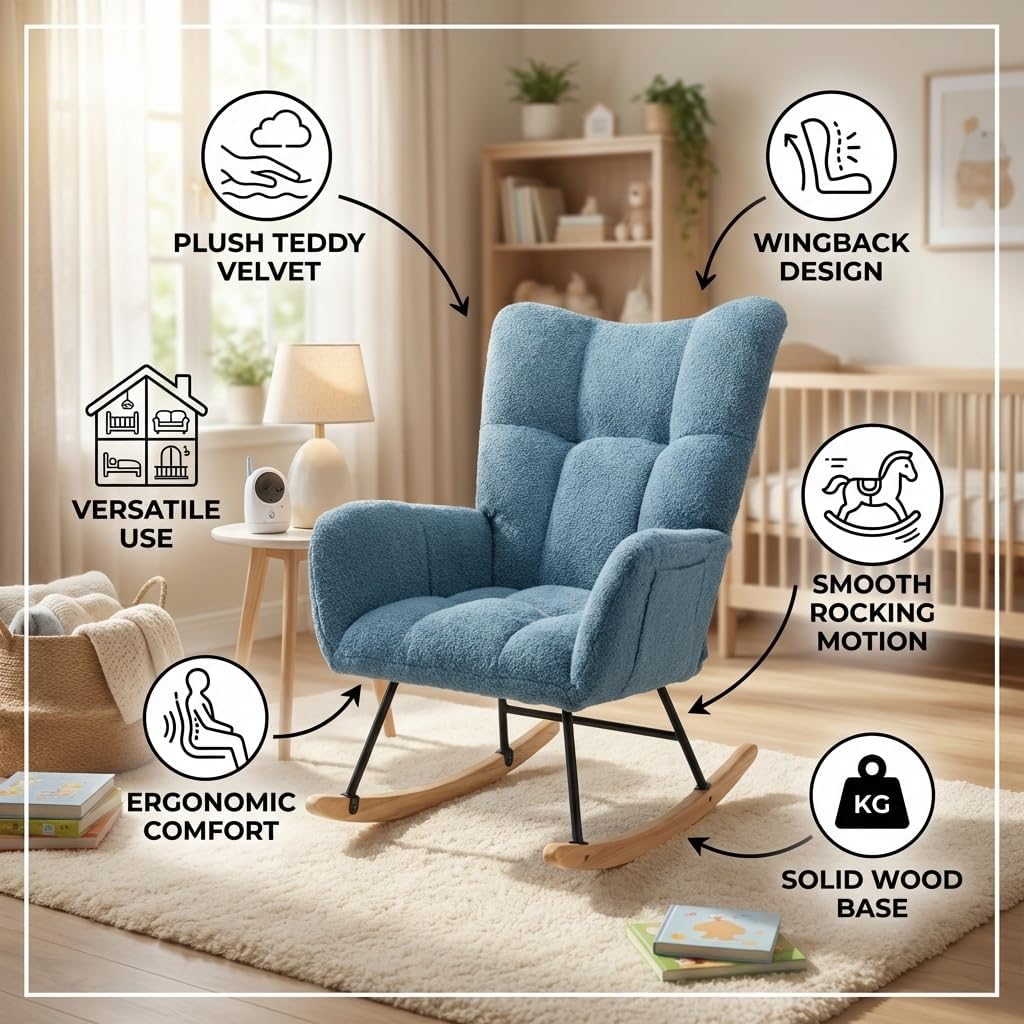 Soft Teddy Velvet Rocking Chair, Wingback Glider Rocker Teddy Velvet Glider Rocker with Solid Wood Base, Nursery Rocking Chair Plush Upholstered Nursery Rocker for Living Room Rock