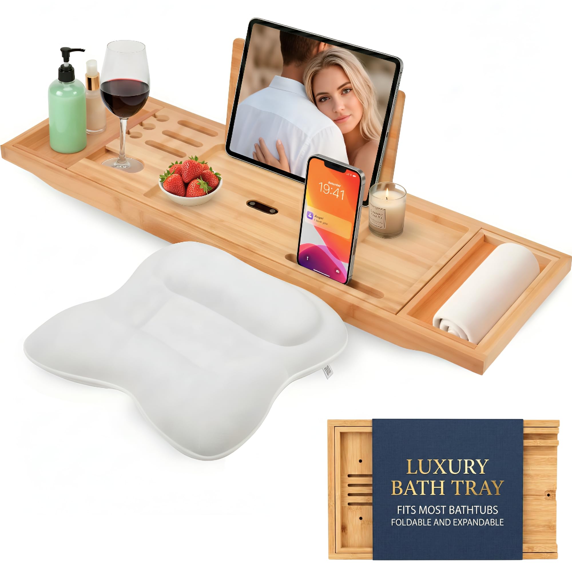 Vassoio per vasca da bagno con cuscino ergonomico, kit spa in casa in bambù, supporto estensibile e pieghevole per tablet, libro e coppa, legno naturale 100% e accessori di lusso