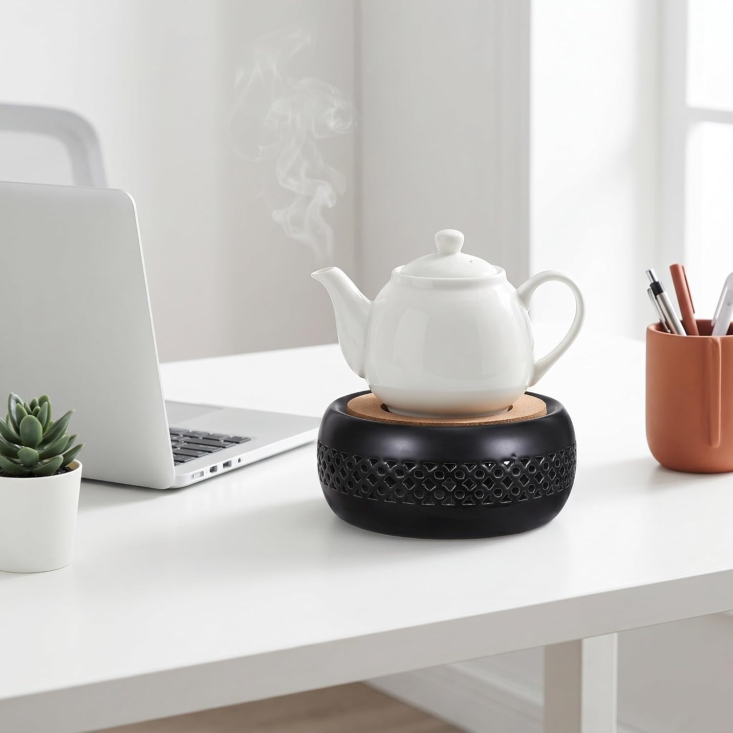 Ceramic Teapot Warmer with Candle Holder for Uniform Heating, Portable Round Pot Warmer Stand with Cork Mat, Multipurpose Use for Coffee Pot and Teapot at Home or Office