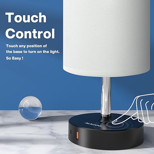 Miniatura 3 de Lámpara pequeña de mesita de noche para dormitorio, lámpara táctil regulable de 3 vías con estación de carga USB y salida de CA, base de madera y