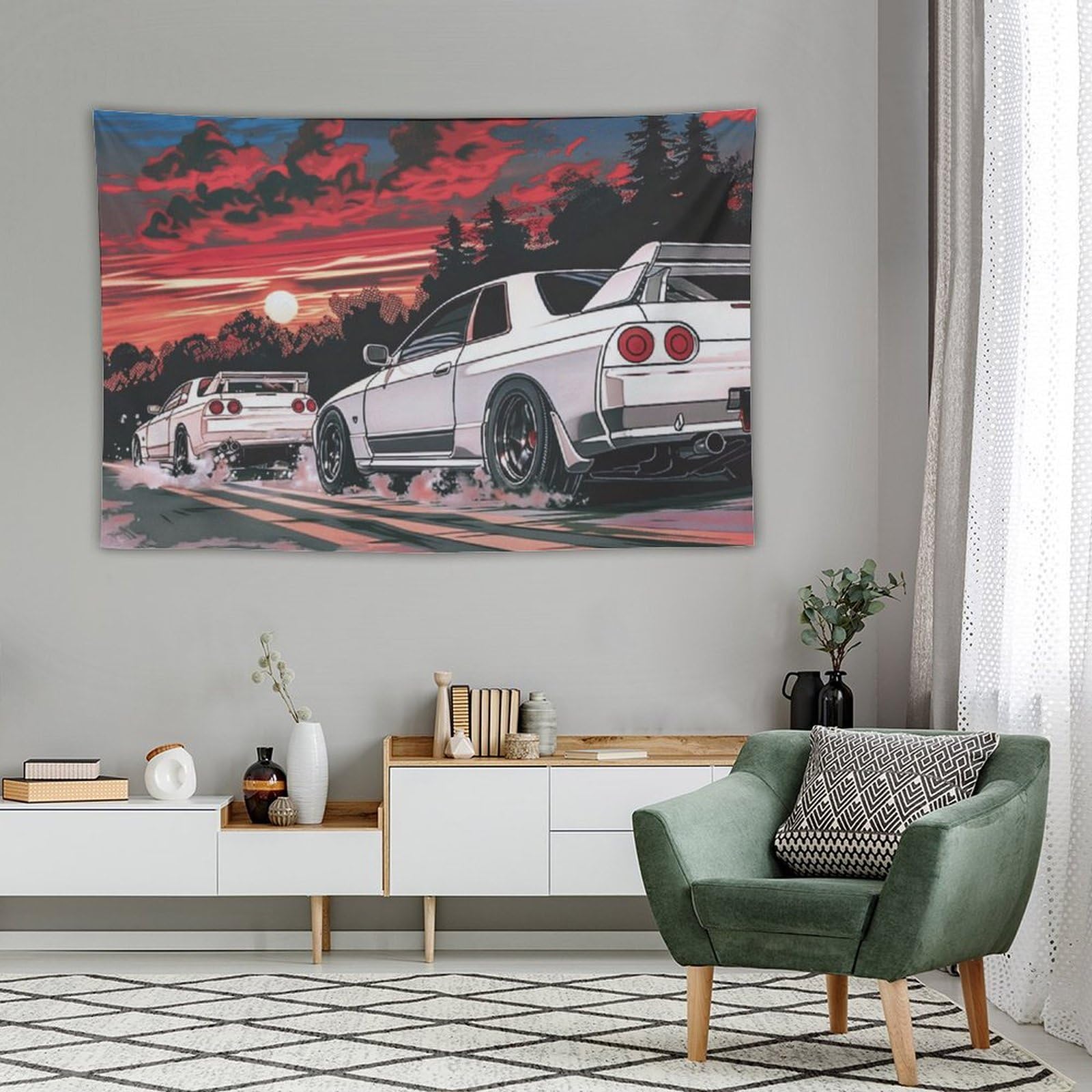 Wandteppich JDM Auto R32 – 101,6 X 152,4 Cm, Schwarzes Auto Design, Polyester, Für Wohnzimmer & Schlafzimmer